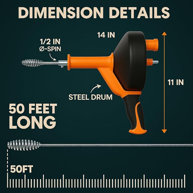 50 FT Drain Snake Hair Drain Clog Remover, Manual Or Powered, Plumbing Snake With Drill Adapte,Unclog Sink Drain Tool, Drain Auger for Toilet、Shower、Kitchen、Sink, No Auto Retract Or Feed, Orange