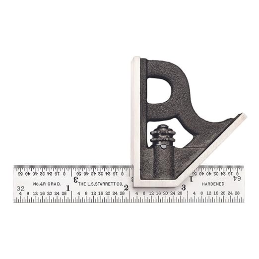 Starrett Steel Combination Square with Square Head - 4" Blade Length, Cast Iron Head, Hardened Steel, Reversible Lock Bolt, 4R Graduation Type - C11H-4-4R
