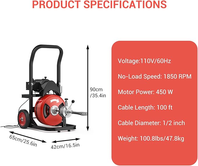 Drain Cleaning Machine 75Ft 1/2 Inch Cable, 450W Auto Feed Portable Electric Sewer Snake, Electric Drain Auger with 6 Cutter Air-Activated Foot Switch for 2" to 4" Pipes