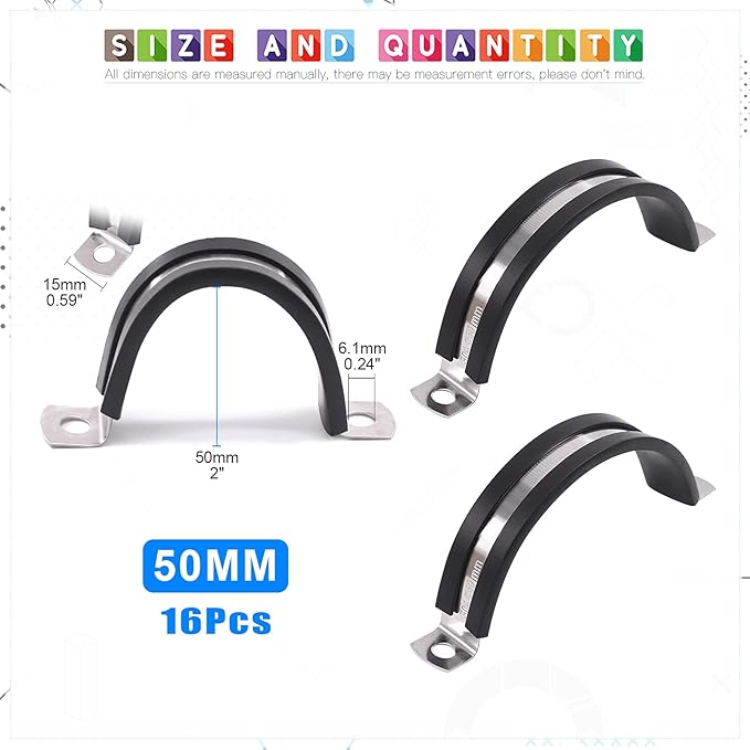 Glarks 16Pcs 50MM 2 Hole U-Tube Strap Clamp Set 304 Stainless Steel Rubber Cushion Rigid Pipe Strap U Bracket Tube Strap Assortment Kit For Pipe Tube Fixing (50mm)