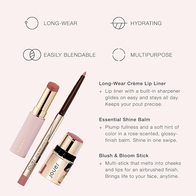 Jouer Bare Rose Collection - Blush Stick, Cream Lip Liner, Lip Plumping Balm Kit - Face Makeup in Rose Shades - Hydrating Formulas for Long Wear