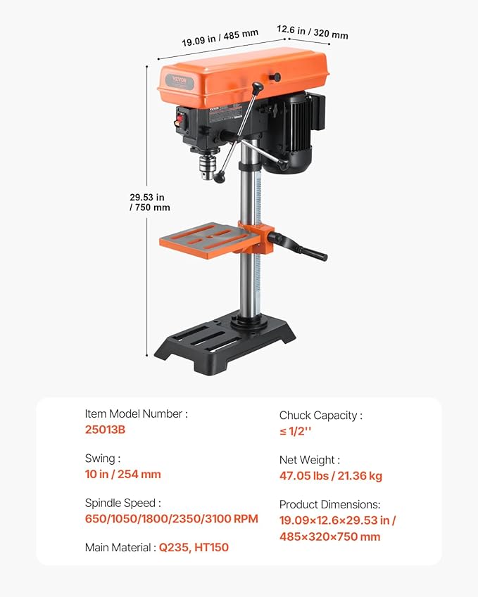 VEVOR 10 in Benchtop Drill Press, 6.2A Induction Motor, Tabletop Drilling Machine with 610/940 / 1500/2150 / 2800 RPM Adjustable Speed, 0-45° Tilting Worktable, LED Work Light, for Wood Metal