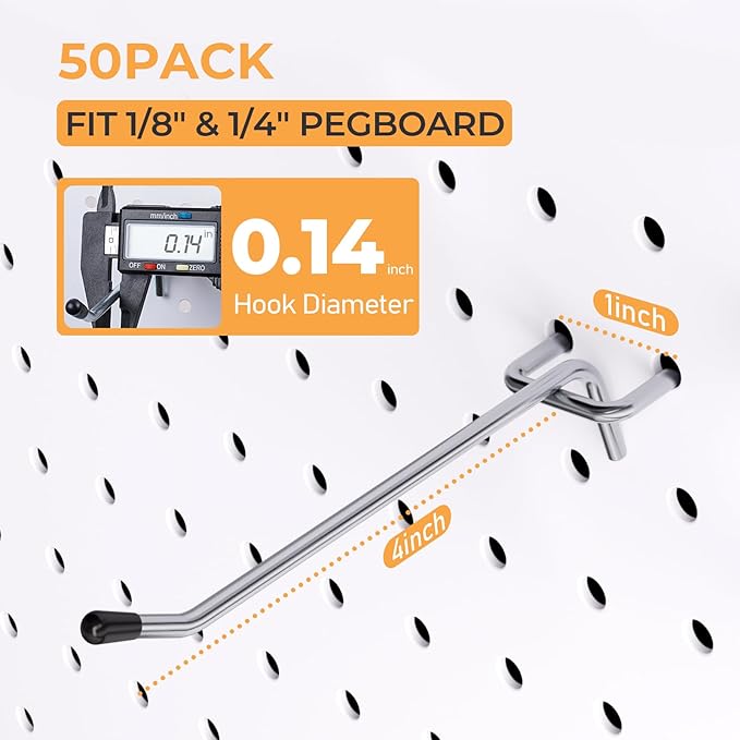 INCLY 50 Pack Pegboard Hooks, 4 Inch Metal Peg Board Hooks Accessories, Peg Board Tool Hangers Fit for 1/8“ and 1/4" Pegboard Hanging Tools for Garage, Craft Room, Kitchen, Store