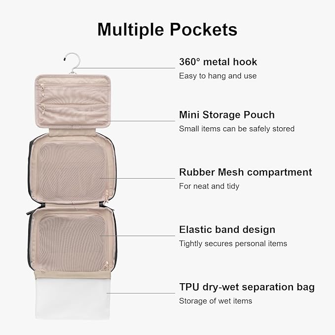 LEVEL8 Travel Toiletry Bag for Women Men, Travel Organizer Water Repellent, Makeup Organizer with Hang Hook for Travel Accessories, Large/Black