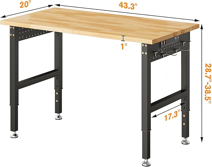 SPECRAFT Adjustable Heavy Duty Workbench with 4 AC Outlet and 2 USB Ports Power Outlets, 2000 Lbs Capacity, Rubber Wood Top for Garage, Workshop, Office