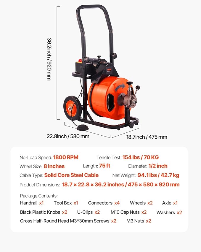 VEVOR Drain Cleaner Machine 75FT x 1/2Inch, Auto Feed Sewer Snake Auger with 4 Cutter & Air-activated Foot Switch for 2" to 4" Pipes, Orange, Black