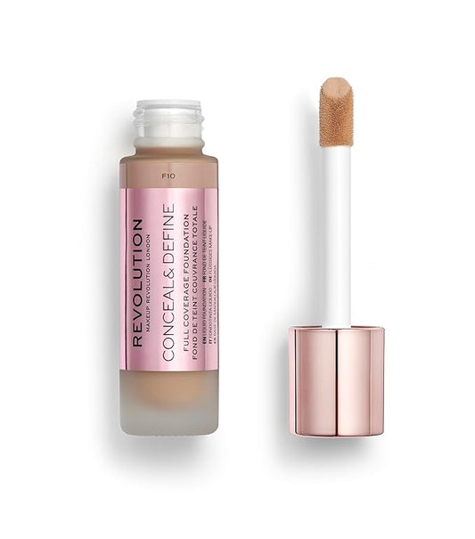 Revolution Beauty, Conceal & Define Foundation, Full Coverage, Long-Lasting Matte Finish, Vegan & Cruelty Free, F10 Medium Skin Tones, 0.8 Fl.Oz.-VeraVaultWomen