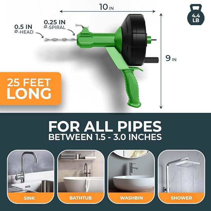 drain snake [25 FT] - Auto Feed - Ideal plumbing snake for sink and drain unblocking - Solid drain auger for real DYIs! (25 FT - 1/4 inch)