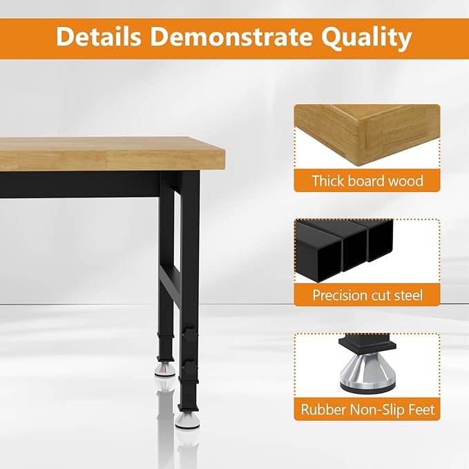48" Work Bench, Adjustable Height Workbench, Heavy-Duty Thicker Work Table, 2000 LBS Load Capacity Workstation for Garage, Workshop, Office, Home