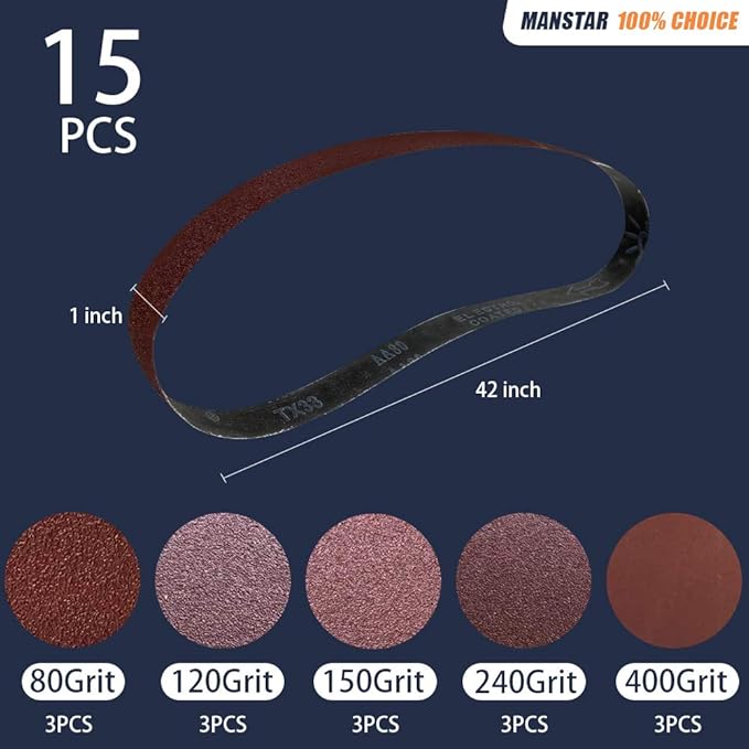 15 Pcs 1 x 42 Inch Assorted Aluminum Oxide Sanding Belt, 80/120/150/240/400 Grit