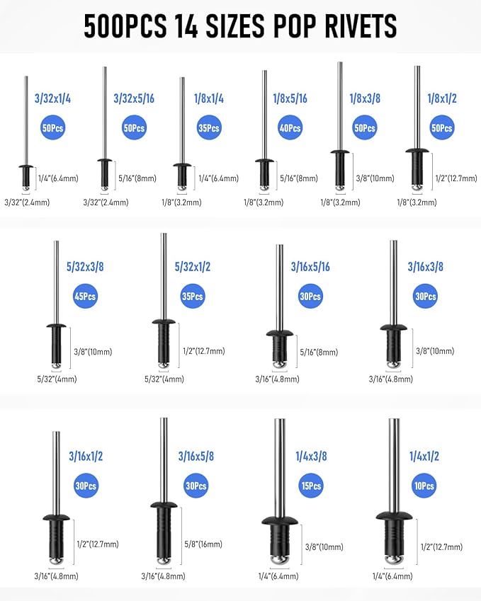 INCLY 1000PCS Pop Rivets Assortment Kit, 14 Sizes Black Rivets for Metal 3/32" 1/8" 5/32" 3/16" 1/4" and 5 Sizes 304 Stainless Steel Washers with Storage Case