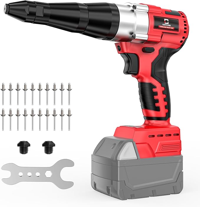 Cordless Rivet Gun Kit Compatible with Milwaukee 18V Brushless Electric Riveters Gun Tool with 3-Size Steel Rivets(1/8"-5/32"-3/16") LED Light & Nose Piece (Bare Only)