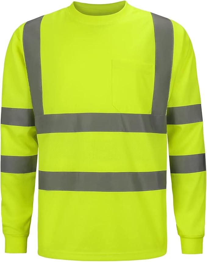 High Visibility Class 3 T Shirts，Hi Vis Safety Shirts with Reflective Strips and Pocket, Long Sleeve Quick Dry Mesh Construction Work Shirt for Men/Women Lime,2XL