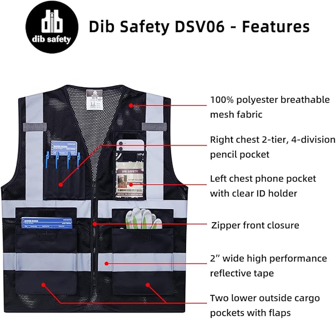 Dib Safety Reflective Mesh Vest High Visibility with Pockets and Zipper, Black Mesh L
