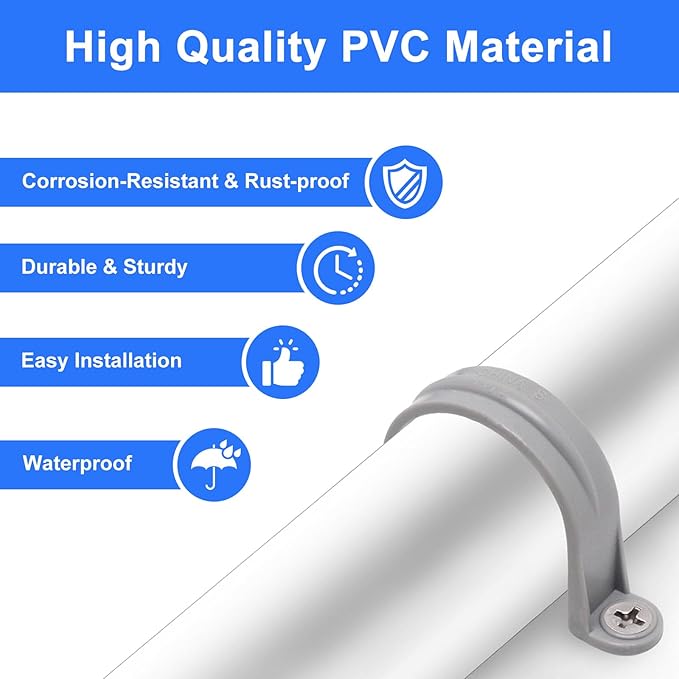 1-1/2 Inch PVC Pipe Strap, 2-Holes Conduit Pipe Clamps Plastic Pipe Supports (Grey, 10 Pcs)