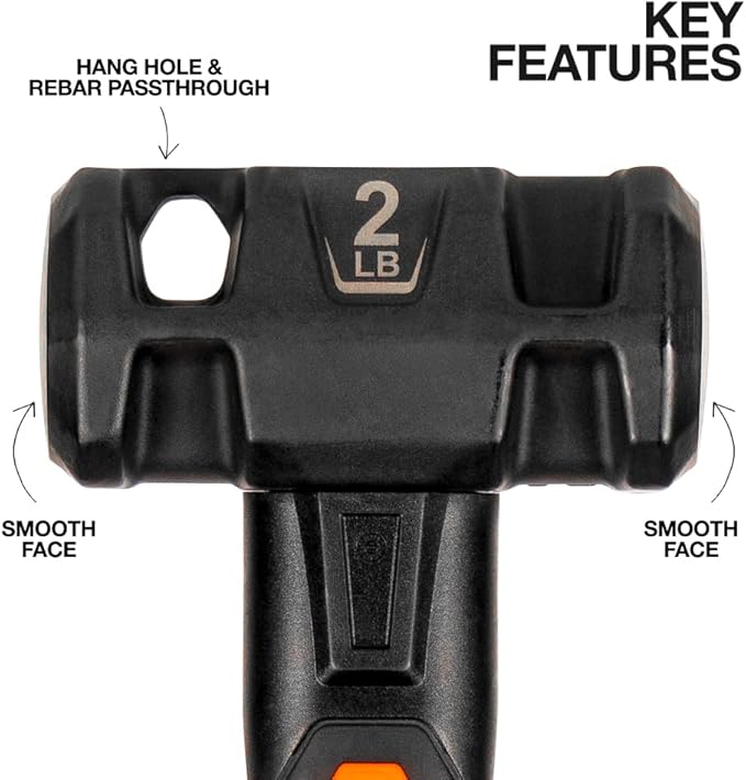 Klein Tools H80692 Sledgehammer, 2-Pound Smooth Face Drilling Hammer with Fiberglass Handle, Shock-Resistant Design for Striking and Demolition, Includes Lanyard Hole