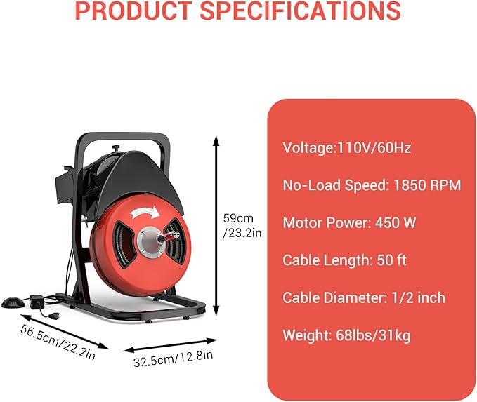 50FTx1/2 Inch Sewer Snake Electric Drain,Drain Cleaner Machine for 2" to 4" Pipes, Plumbing Snake Auger Cleaner with Wheels & 4 Cutter & Foot Switch for Sewer, Sink, Toilet, Bathroom and Shower
