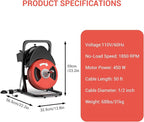 50FTx1/2 Inch Sewer Snake Electric Drain,Drain Cleaner Machine for 2" to 4" Pipes, Plumbing Snake Auger Cleaner with Wheels & 4 Cutter & Foot Switch for Sewer, Sink, Toilet, Bathroom and Shower