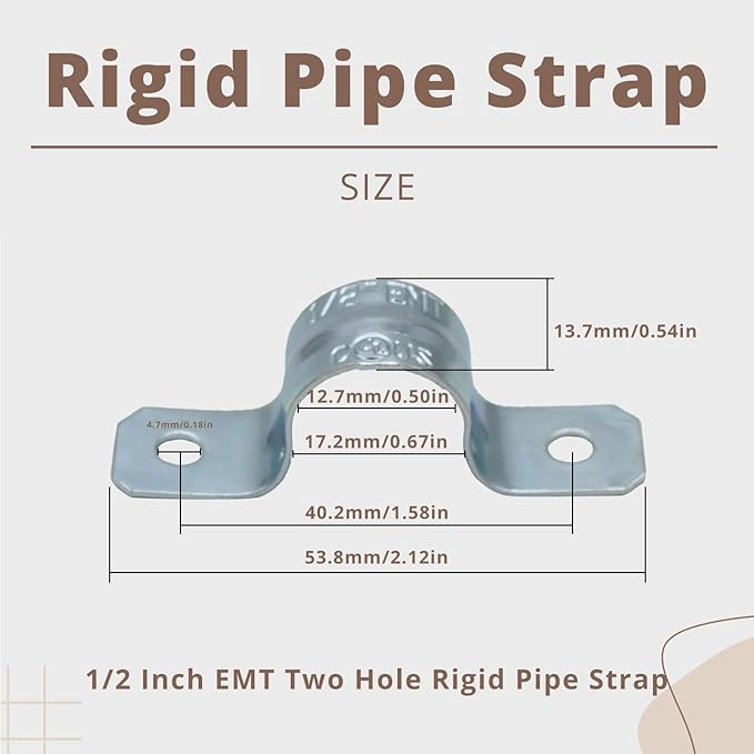 1/2 Inch Zinc-Plated Steel Pipe Clamp, Steel Rigid Pipe, 2 Holes U Bracket, Pipe Clamp, Electrical Conduit Straps (100PCS)