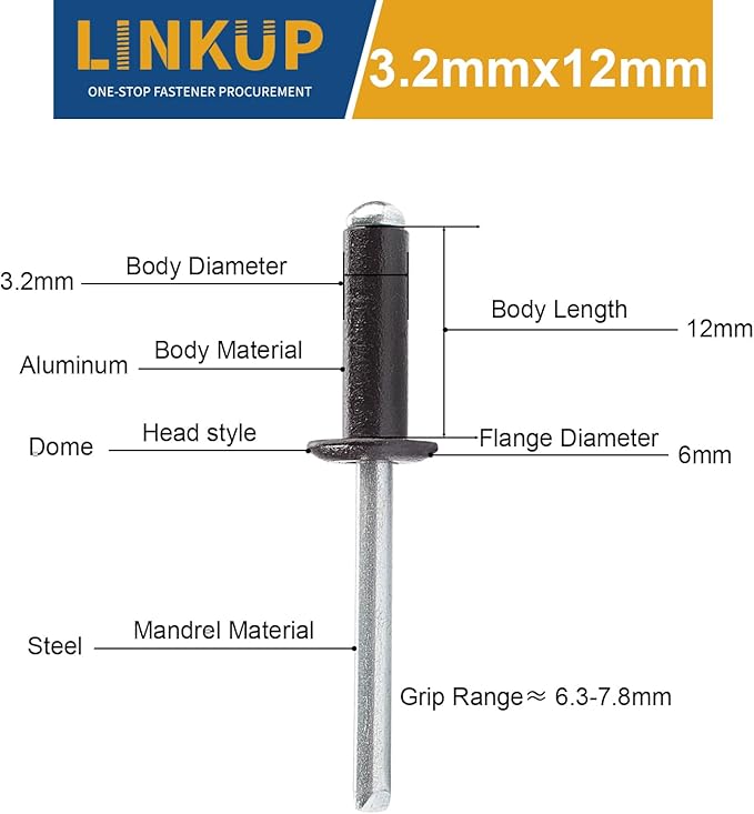 Linkup 300pcs pack 1/8'' x 1/2'' Black pop blind Rivets, 3.2mm x 12mm Black pop rivets,Aluminum Body Steel Mandrel Rivets (Black),Dome Head aluminum rivets