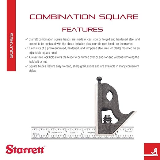 Starrett Steel Combination Square with Square Head - 6" Blade Length, Cast Iron Head, Hardened Steel, Reversible Lock Bolt, Scriber, 16R Graduation Type - C11H-6-16R