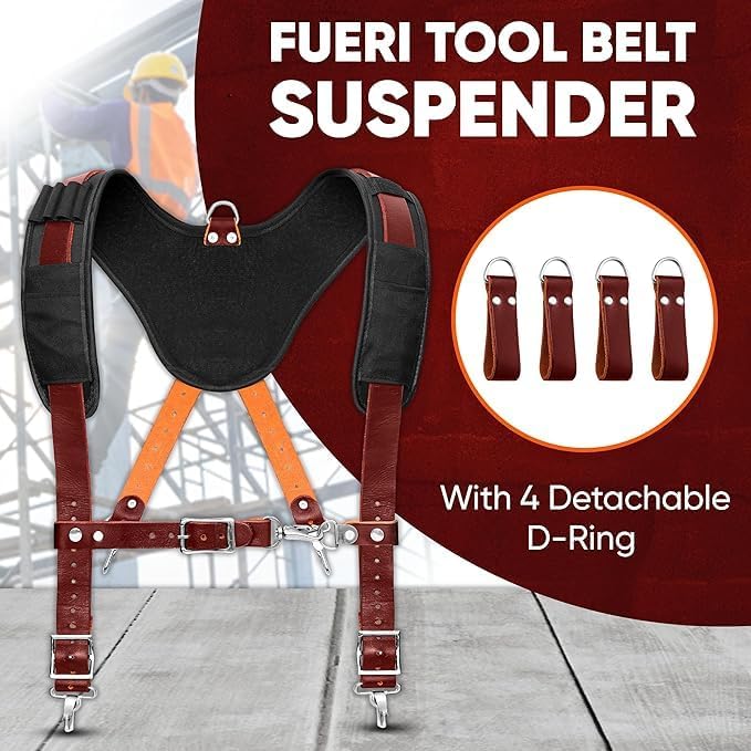 FUERI Tool Belt With Suspender Men Carpenter Pouches Construction Bags Electrician Belts Framer Worker Pouch Bag Holder Organizer 26 Pocket Nylon Leather Black Professional Set - Medium