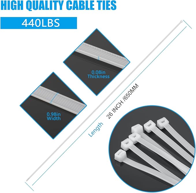 26 inch White Zip Ties Heavy Duty 11 PCS, 440 LBS Ultra Exclusive Strong Plastic Wire Ties, Large Cable Ties Extra Long Tie Wraps, Indoor and Outdoor UV Resistant