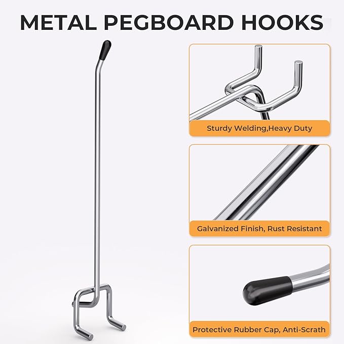 INCLY 50 Pack Pegboard Hooks, 6 Inch Metal Peg Board Shelving Hooks Accessories, Peg Board Tool Hangers Fit for 1/8“ and 1/4" Pegboard Hanging Tools for Garage, Craft Room, Kitchen, Store