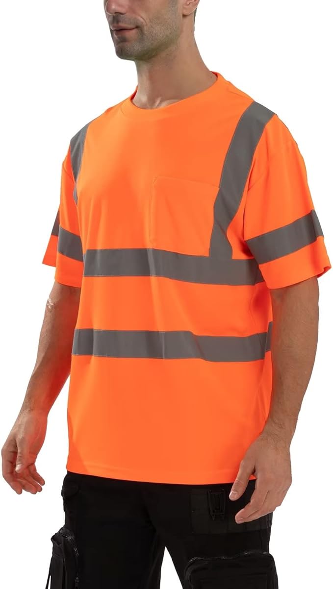 High Visibility Class 3 T Shirts，Hi Vis Safety Shirts with Reflective Strips and Pocket, Short Sleeve Quick Dry Mesh Construction Work Shirt for Men/Women Orange,4XL