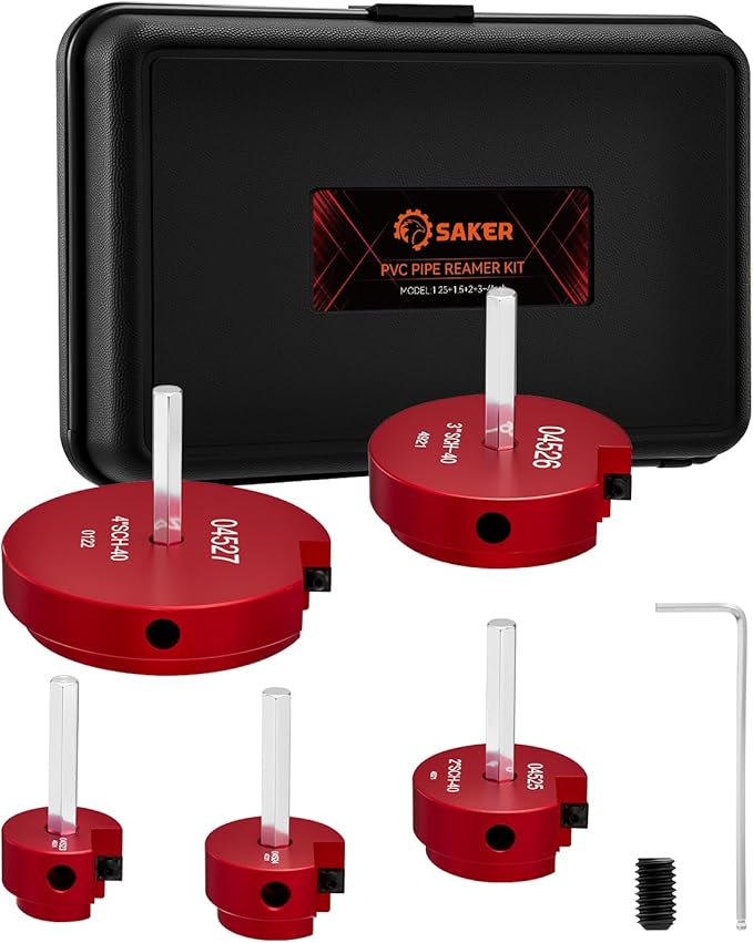 Saker PVC Pipe Reamer Kit, PVC Fitting Saver with 1-1/4inch,1-1/2inch, 2inch,3inch,4inch Head, For SCH40, ABS Pipe,CPVC Perfect for Plumbing Repairs, Fits Standard 1/2" Drill