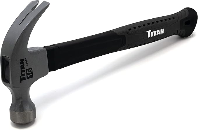 Titan 63020 16oz Claw Hammer, Forged Steel Head, 13" Shock Absorbing Fiberglass Handle with Textured Grip