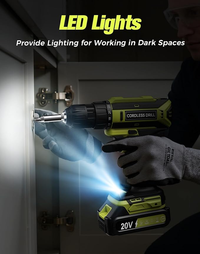 Cordless Drill, 20V MAX Power Drill Set with Dual Power Pack & Charger, 3/8 Inch Keyless Chuck, Variable Speed, 25+1 Position and 56PCS Bits/Screws, Power Tools for Home Projects