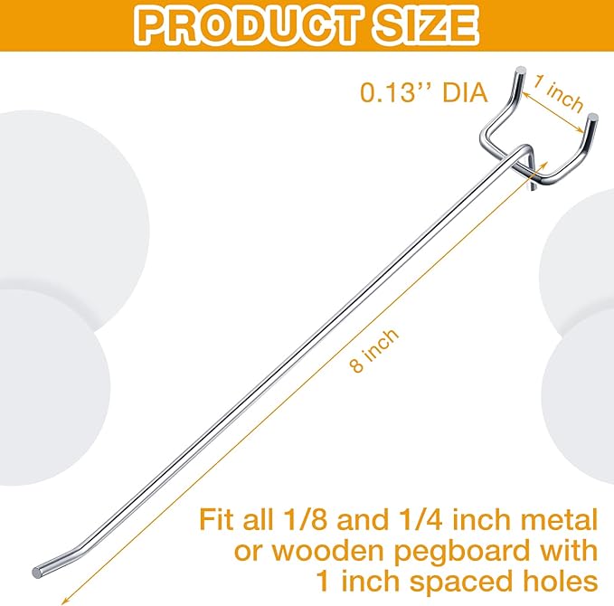 Funrous 100 Pack Peg Board Hooks Stainless Steel Pegboard Hooks Shelving Display Hanging Peg Board Holders for 1/8 and 1/4 Garage Storage Tools Organizer(8 Inch)