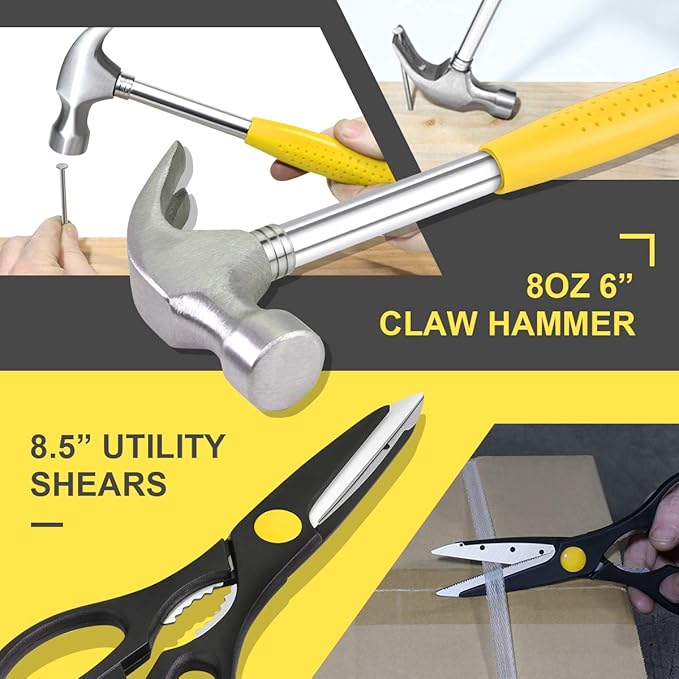 DNA MOTORING 39-Piece Household Tool Set General Repair Small Hand Tool Kit Storage Case for Home Garage Office College Dormitory Use, Yellow, TOOLS-00007