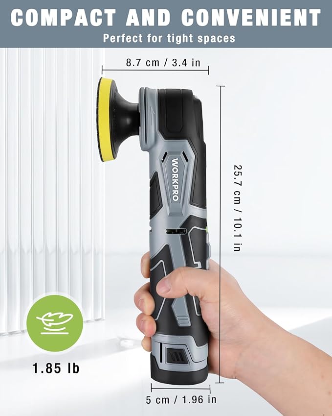 WORKPRO Cordless Mini Buffer Polisher, 12V Buffer Polisher for Car Detailing, 5 Variable Speed Up to 3000RPM, Compact Cordless Polisher Kit for Waxing, DIY Projects, Furniture Polishing