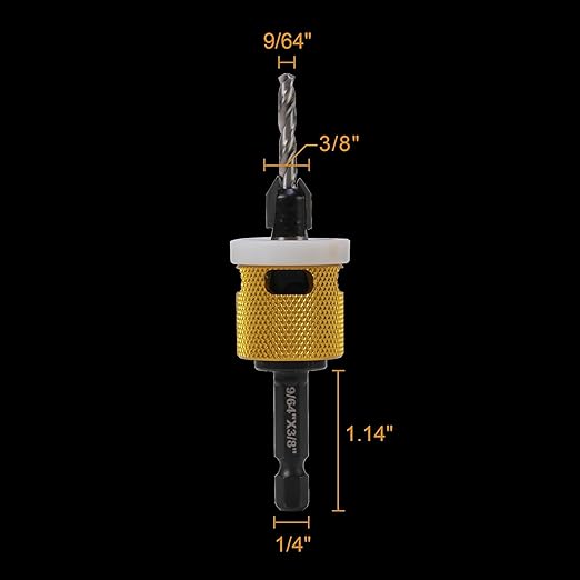 9/64"x3/8" Carbide Tipped Countersink Drill Bits with Low Friction Depth Stop, 1/4" Quick Change Hex Shank Countersink Drill with Replaceable HSS Pilot Drill Bit for Plastic, Woodworking