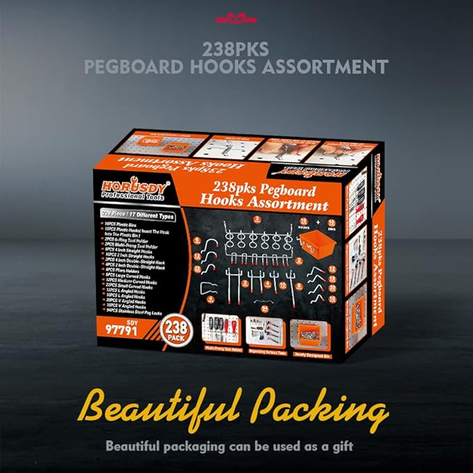 HORUSDY 238-Piece Pegboard Hooks Assortment, Pegboard Accessories with Pegboard Bins for Organizing Various Tools