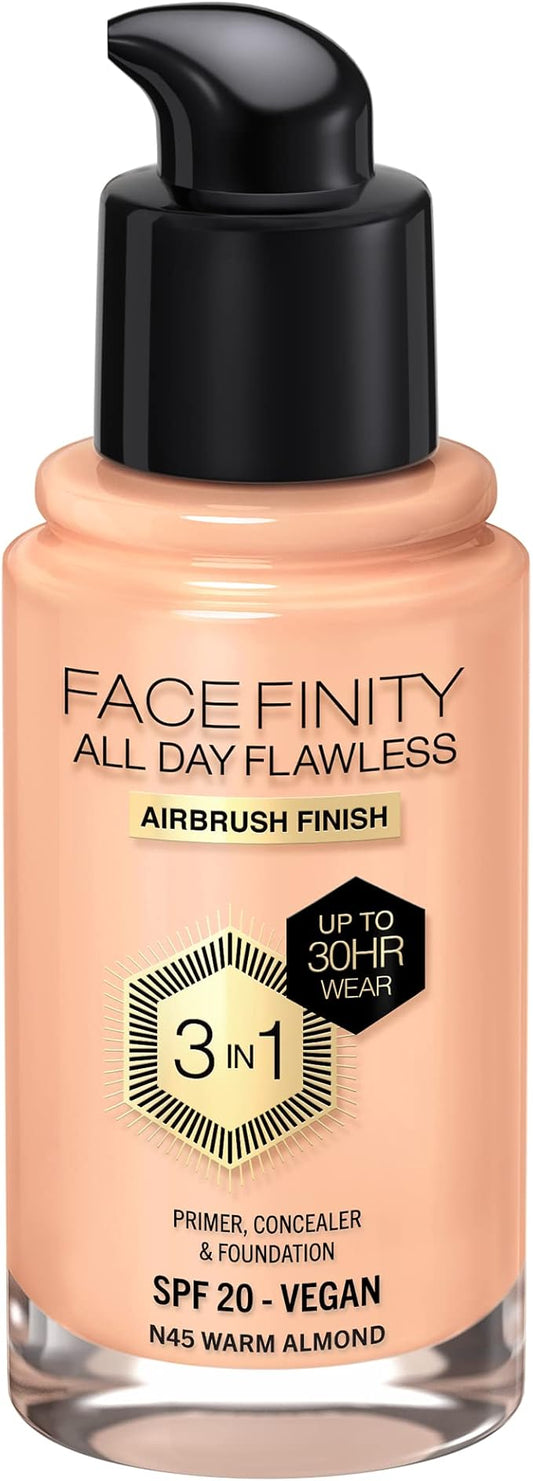 Max Factor Facefinity All Day Flawless 3 In 1 Foundation SPF 20, No. 45 Warm Almond-VeraVaultWomen