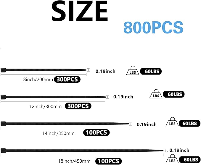800 PCS Black Zip Ties Assorted Sizes 8+12+14+18 Inch Self-locking Nylon Cable ties Heavy Duty Outdoor, UV Resistant Wire Straps for Home Office Garden Workshop Indoor Outdoor Fence