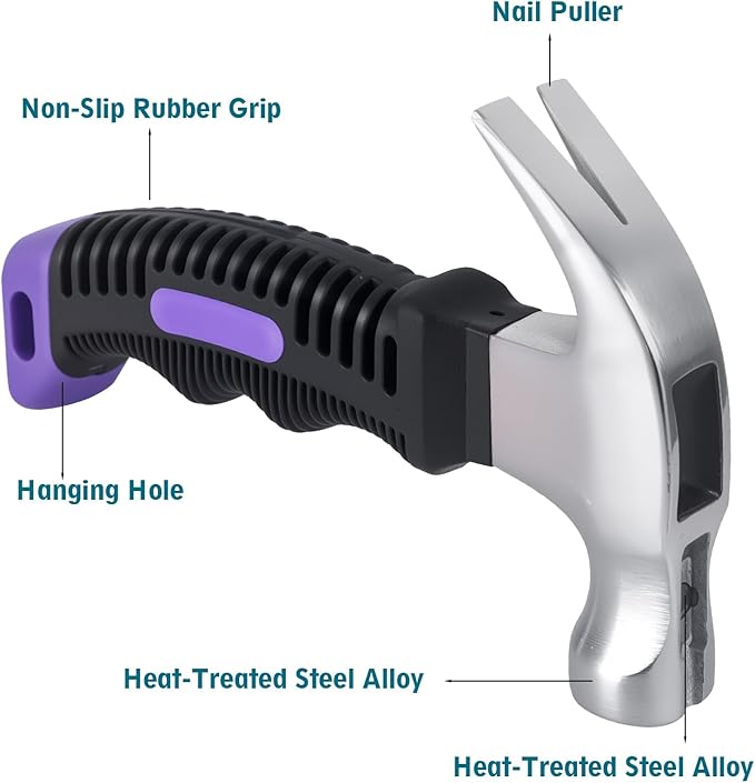 Small Claw Hammer - Mini Hammer for Women&Kids, Camping Hammer, Stubby Tack Hammer, Nail Hammer with Magnetic (Purple)