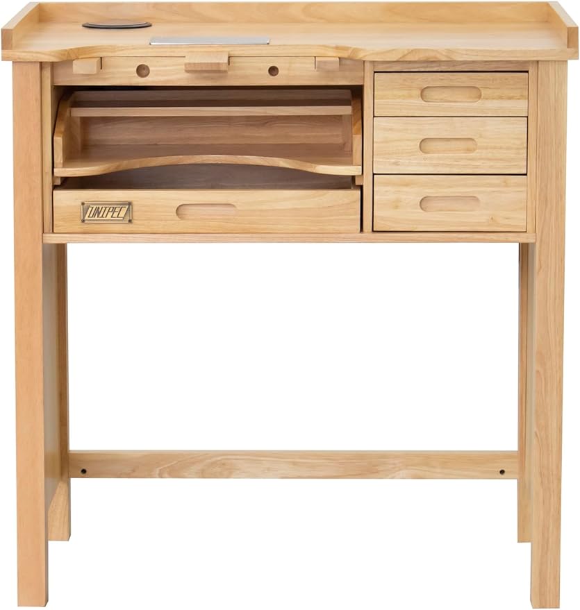 Deluxe Solid Wood Jewelers Workbench – Heavy-Duty Jewelry Bench with Drawers, Outlets, 1 USB, 1 Type-C, 2 Sockets, Wireless Charging Pad & Pop-Up Retractable Power Socket for Crafting & Repair