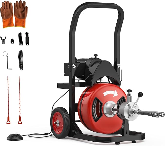 Electric Drain Cleaning Machine 100Ft 1/2 Inch, 450W Auto Feed Portable Sewer Snake, Drain Auger with 6 Cutter and Air-Activated Foot Switch for 2"–4" Pipes