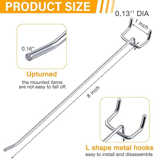 Shimeyao 100 Pcs Peg Board Shelving Hooks Stainless Steel Hanging Board Pegs Wall Display Hooks Bulk for 1/8 1/4 Garage Storage Organizer Accessories(8 Inch,Silver)