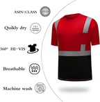 High Visibility Shirts Quick Dry Safety T Shirts with Reflective Strips and Pocket Short Sleeve Mesh Hi Vis Construction Work Class 2 Shirt for Men/Women Black Bottom Red,XL