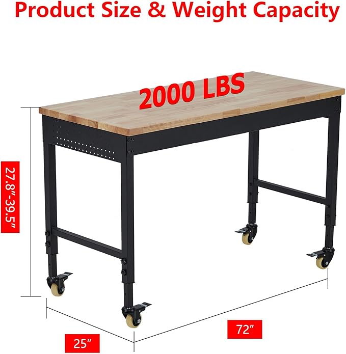 72" x 25" Heavy-Duty Adjustable Workbench with Power Outlets - 2000LB Capacity Garage Workbench, Rubberwood Top, Locking Wheels, Mobile Workstation for Workshop, Office & Home