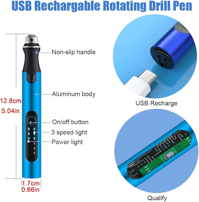 3-Speed Cordless Mini Drill Pen With 8 Small Drill Bits,Rechargeable Electric Hand Drill Pin Vise,Resin Drill Set For Jewelry Making,Resin,Plastic,Wood,Keychains DIY (BLUE)