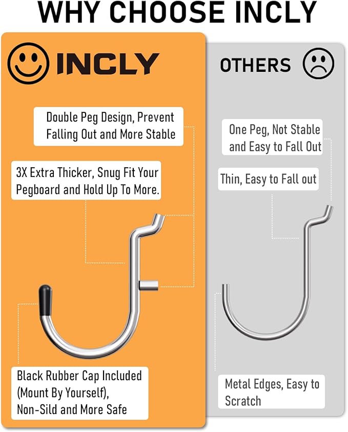 INCLY 1/4" Pegboard Hooks Set for Hanging Tools, 206PCS Heavy Duty Peg Hook Hanger & Holder Only Fit 1/4 Inch Pegboard for Craft Assortment Garage Organizer Bins Attachment Peg Board Accessories