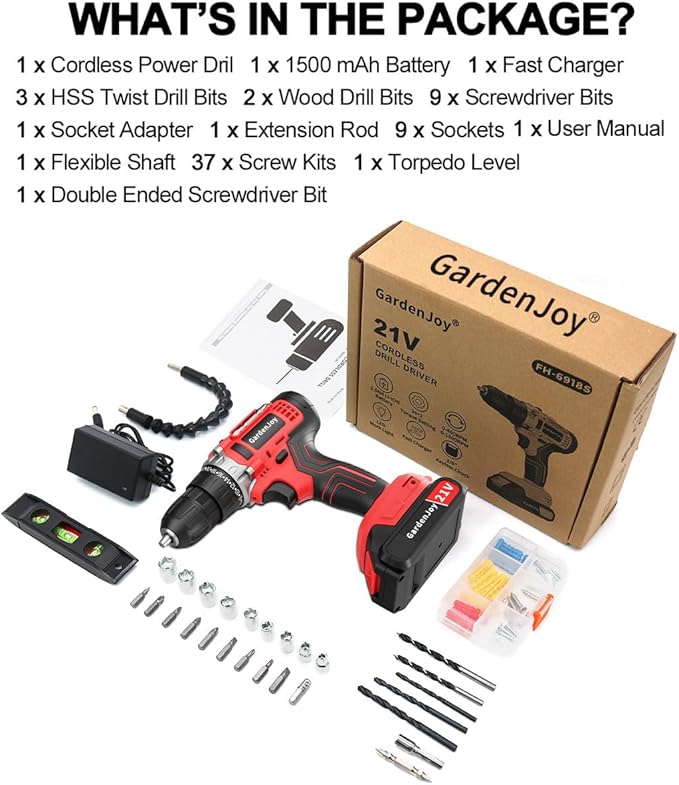Cordless Power Drill Set: GardenJoy 21V Electric Drill Driver Kit with Battery and Fast Charger, 65pcs Acessories, 2 Variable Speed Control, 3/8-Inch Keyless Chuck and 24+1 Torque Setting