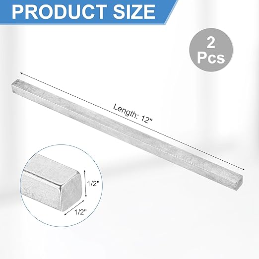 uxcell 2 Pcs Square Steel Key Stock, 1/2" x 1/2" x 12" Cold-Drawn 45# Steel Bars Precision Key Stock for Gearbox Coupling, Silver Tone