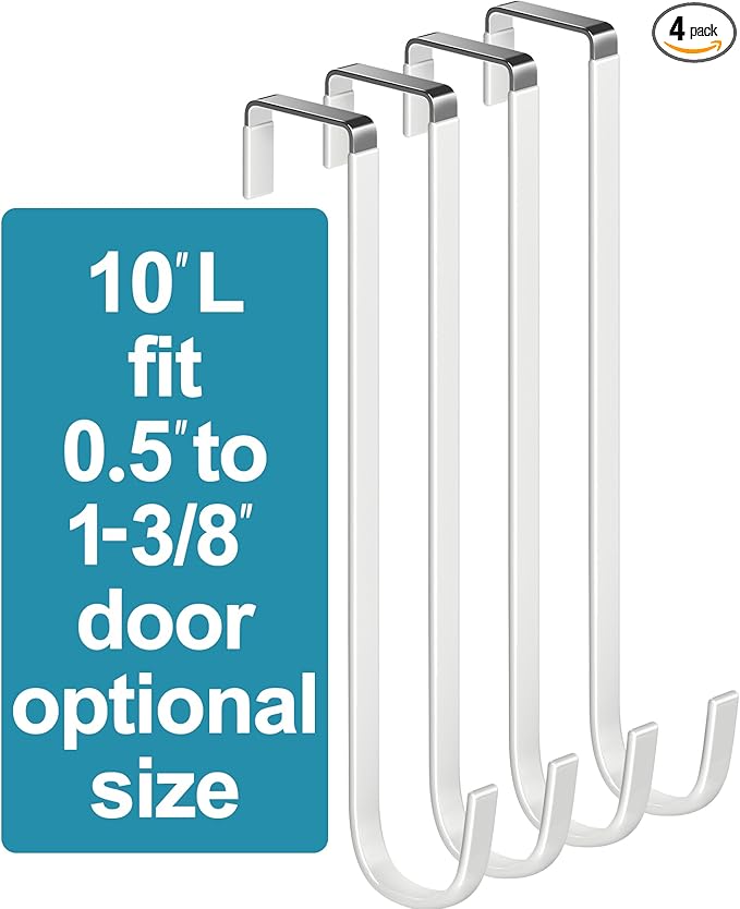 Over The Door Metal Hooks with Plastic Coating 10" Fit 0.5" to 1 3/8" Door 4 Pcs Heavy Duty Single Towel Robe Rack Wreath Bathroom Shower Hanger Shoe Organizer Ironing Board Long White